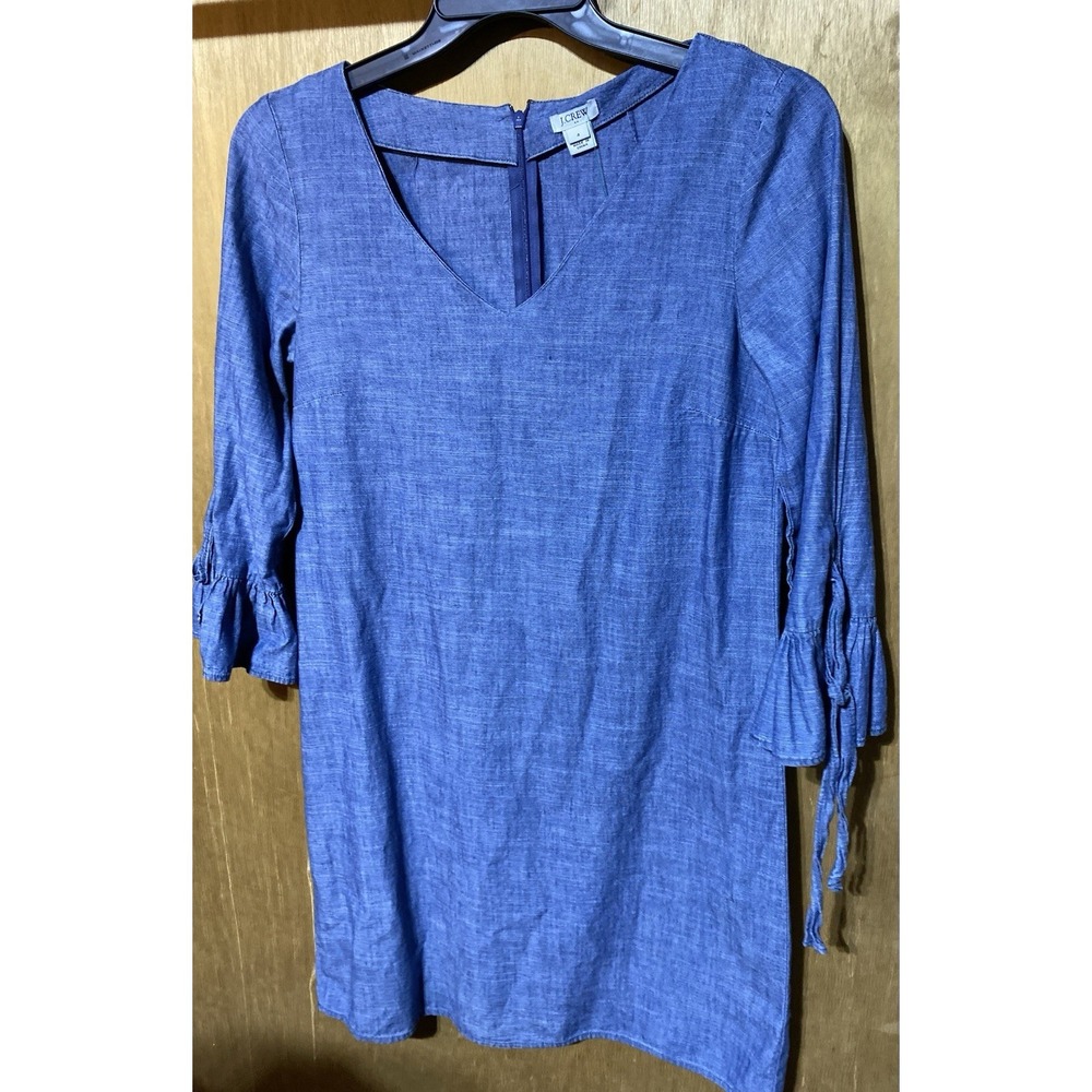 J Crew Shirt Dress Size 4 Button Front Chambray Denim Popover Tunic Cotton Linen